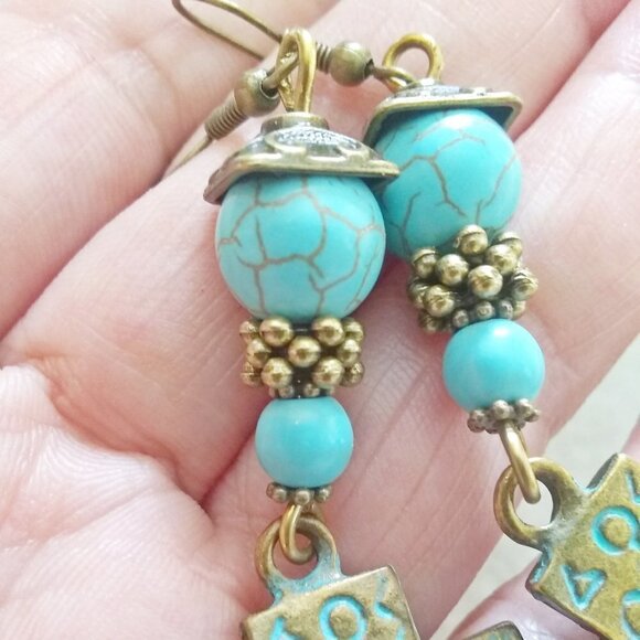Symbols Numerology Dangle Earrings - Aqua Howlite + Patina Painted Bronze Cross - Picture 5 of 6
